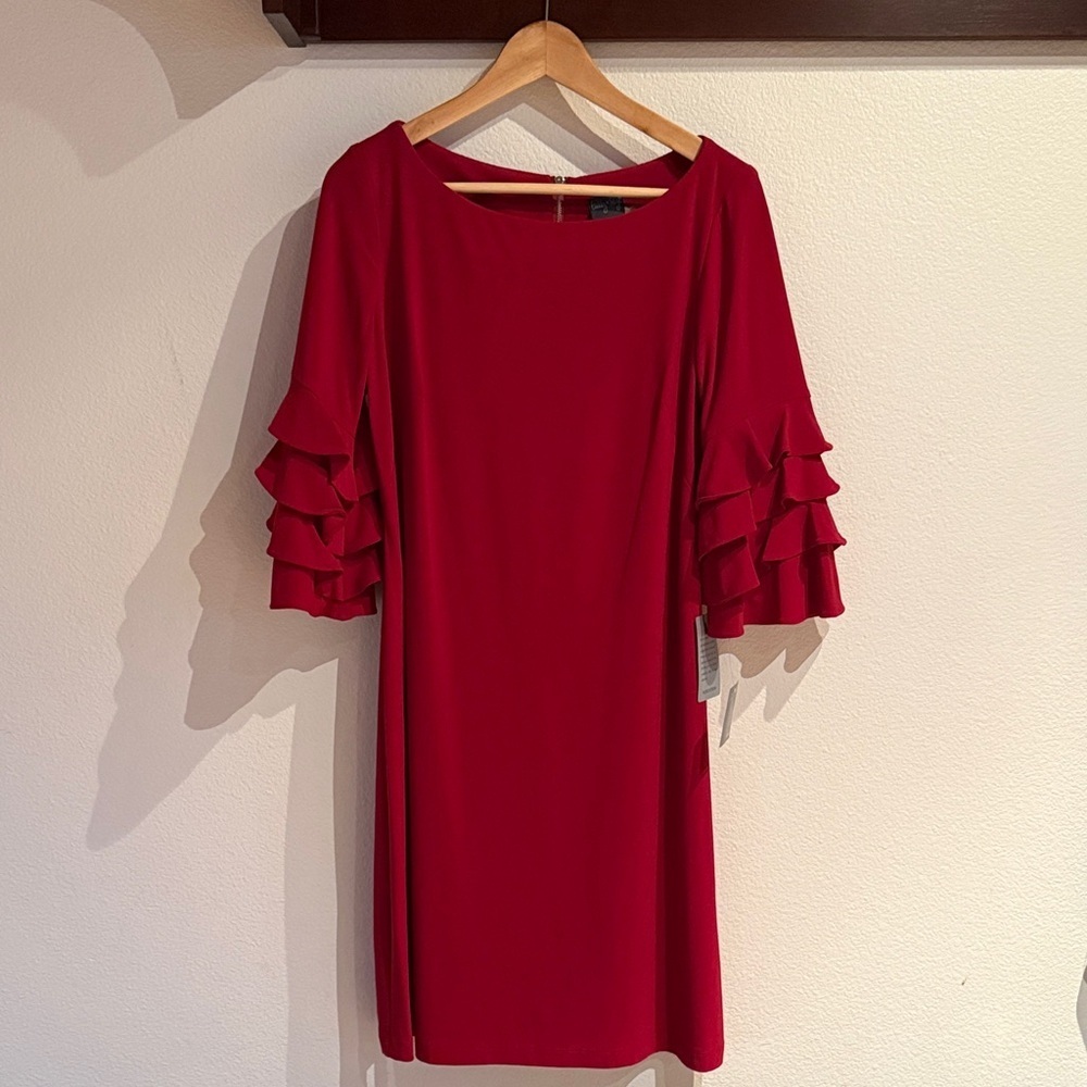 🆕 Gabby Skye Tiered Ruffle Sleeve Mini Dress, Dark Red, Size 10